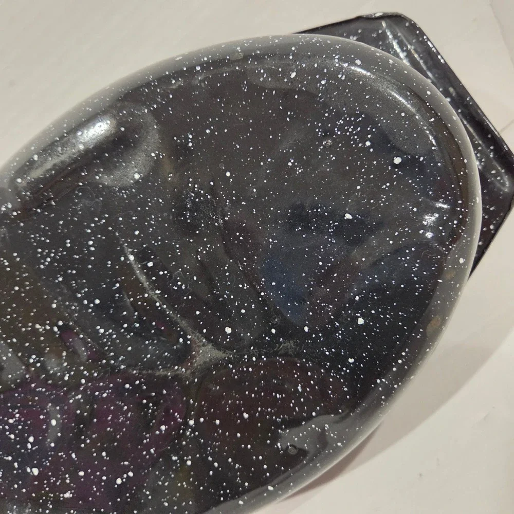 Vintage Black Granite Enamelware Oval Roasting Pan with Lid 12.5x8 Speckled